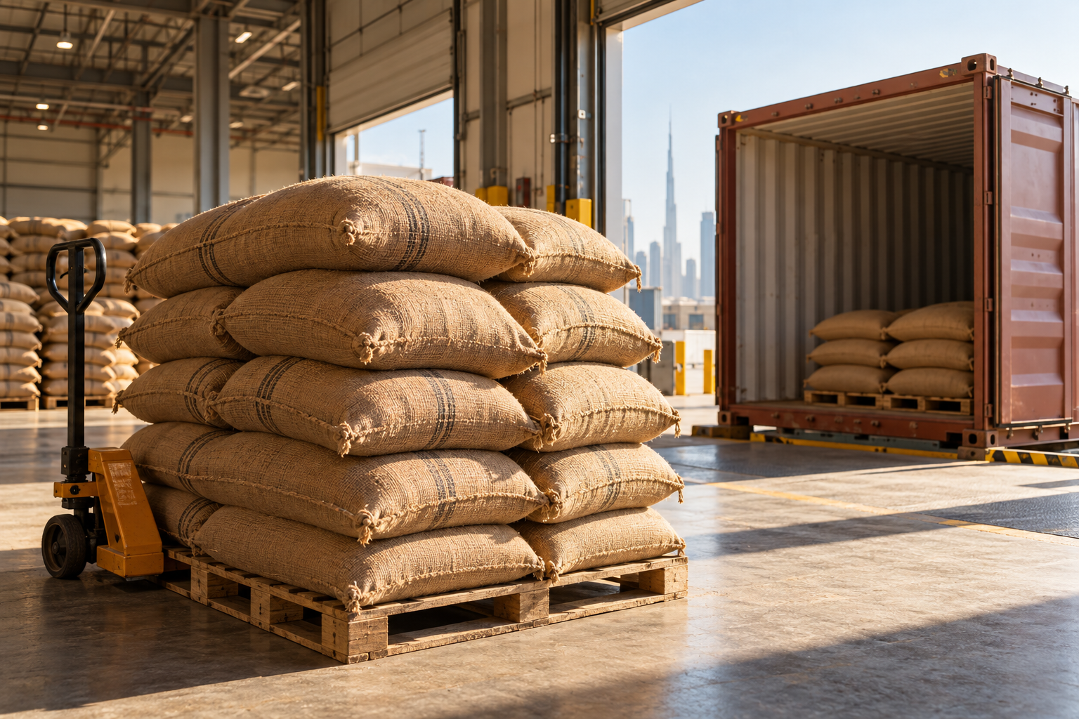 Illustrative dispatch area with cacao sacks on a pallet beside an open shipping container.