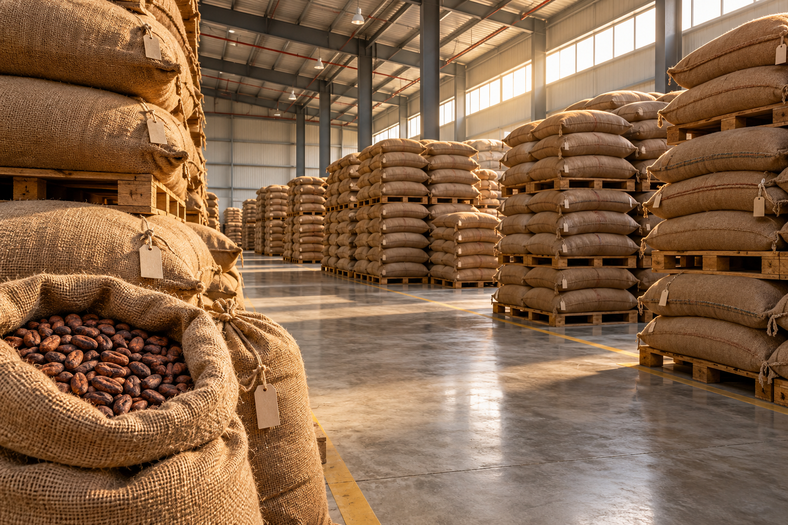 Illustrative cacao warehouse with jute sacks stacked on wooden pallets in a clear central aisle.